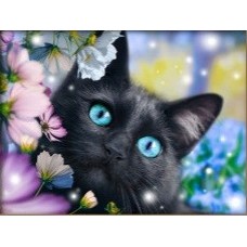 Черный кот в цветах Набор для выкладывания стразами 40х30 Алмазная живопись АЖ-1900