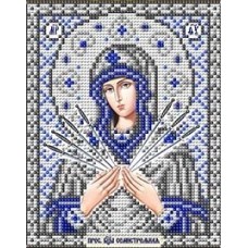 Богородица Семистрельная в серебре ткань с нанесенным рисунком