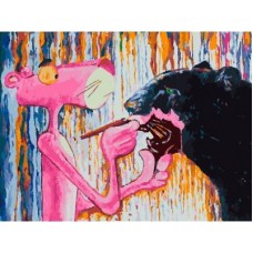 Розовая пантера красит чёрную живопись на холсте 30*40см