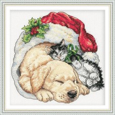 Набор для вышивания DIMENSIONS 08826   Щенок и котенок рождественским утром 15 x 15 см