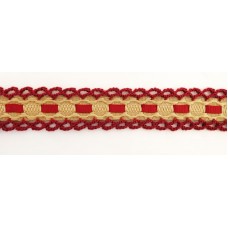 Тесьма декоративная, 20 мм, бежевая с красной двойной кружевной отделкой и лентой
