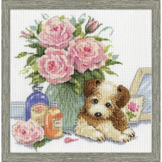 Набор для вышивания Щенок с розами 25,4 х 25,4 см DESIGN WORKS 3264