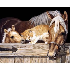 Картина стразами Лошадь, жеребенок и рыжий кот