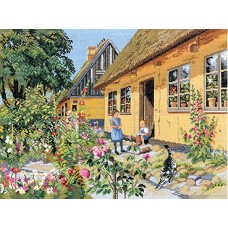 Набор для вышивания Цветущий деревенский дворик, дети и кот, лён 18 ct 75 х 55 см EVA ROSENSTAND 12-758