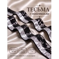 Тесьма с пайетками TBY.6365 ш.30мм цв.черный+серебро уп.2м
