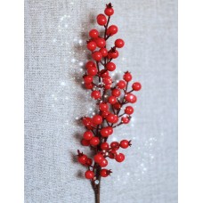 Новогодний декор веточка с ягодками и боярышником, цвет красный, длина 60 см (без вставки-палочки 30 см)