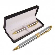 Ручка подарочная, шариковая Стиль в кожзам футляре, поворотная, серебристо-золотистый корпус