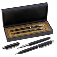 Ручки подарочные, 2 шт.: капиллярная, шариковая поворотная Вектор в кожзам футляре, чёрные с серебристыми вставками
