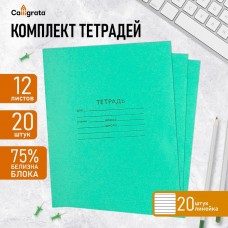 Комплект тетрадей из 20 штук, 12 листов в линию КПК Зелёная обложка, блок N2, белизна 75% (серые листы)