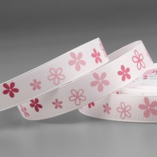 Лента репсовая «Цветочки», 15 мм, 23 +- 1 м, цвет белый/розовый