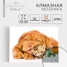 Алмазная мозаика «Котёнок и щенок», с полным заполнением на холсте, 22 × 32 см
